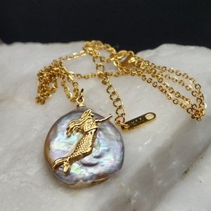 Minimalist Jewelry Mermaid Pendant Natural Pearl 14k Gold plated Necklace